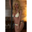 5ft 2in or 157cm lifelike full size medium breast fair skin, skinny hybrid sex doll with blonde hair and blue eyes in a yellow bikini.