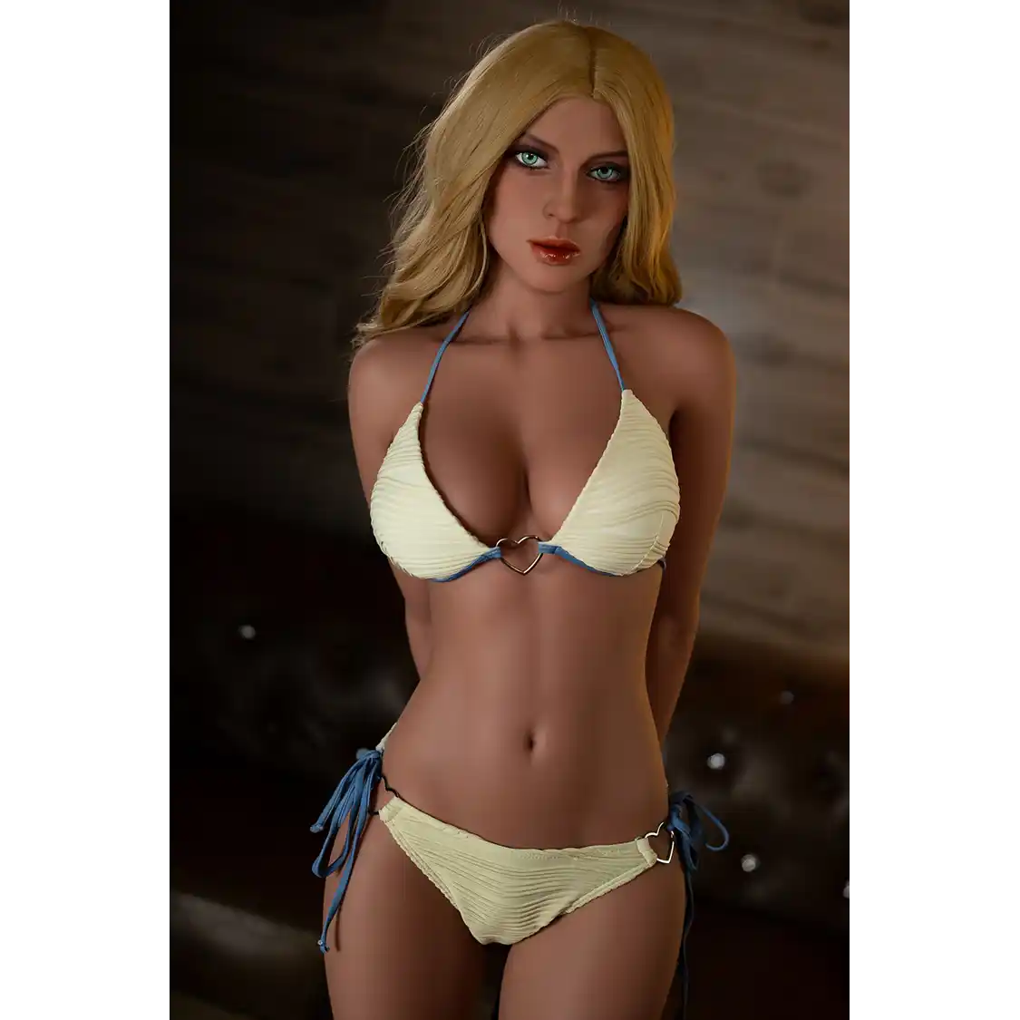 5ft 2in or 157cm lifelike full size medium breast fair skin, skinny hybrid sex doll with blonde hair and blue eyes in a yellow bikini.