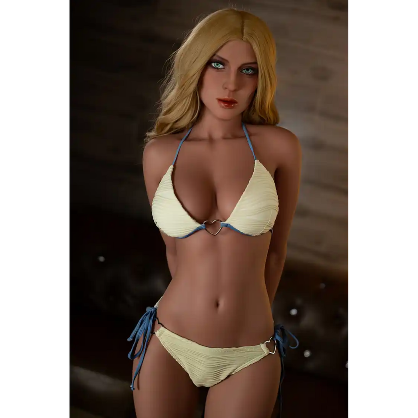 5ft 2in or 157cm lifelike full size medium breast fair skin, skinny hybrid sex doll with blonde hair and blue eyes in a yellow bikini.