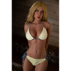 5ft 2in or 157cm lifelike full size medium breast fair skin, skinny hybrid sex doll with blonde hair and blue eyes in a yellow bikini.