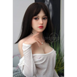 5ft 4in or 163cm tall life size, lifelike, silicone sex doll with long legs and long black hair in a sheer gray top.