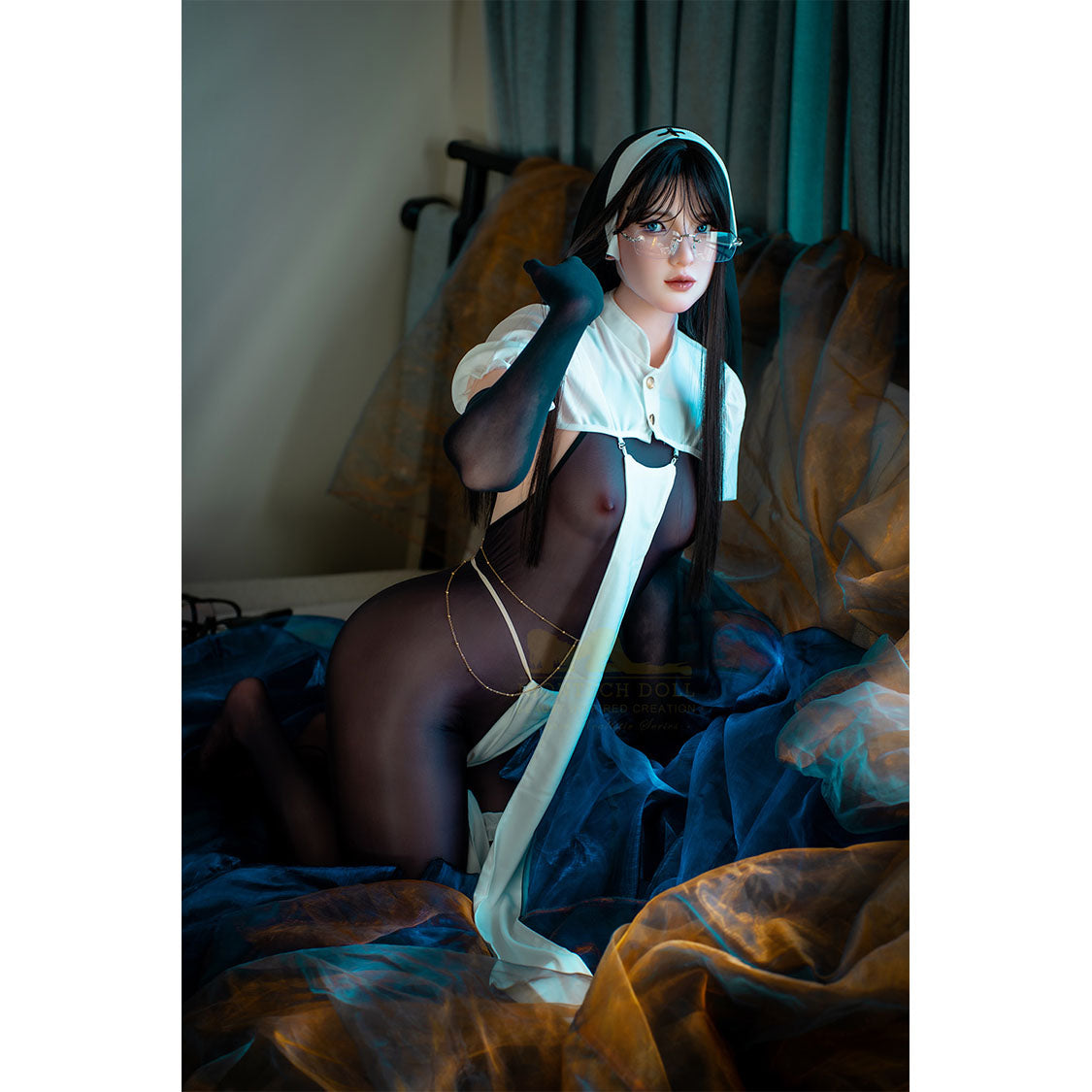 Yeona is a 5ft 4in or 162cm full figured ultra realistic silicone sex doll with long legs, large breasts, curvy figure and long black hair in see through nun outfit.