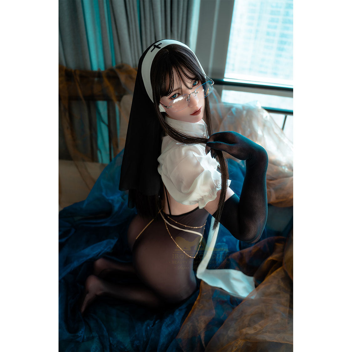 Yeona is a 5ft 4in or 162cm full figured ultra realistic silicone sex doll with long legs, large breasts, curvy figure and long black hair in see through nun outfit.