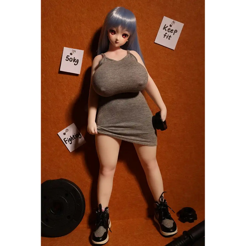 1ft 11in 58cm anime style female mini silicone sex doll with huge breasts, tanned skin and thick curvy body.