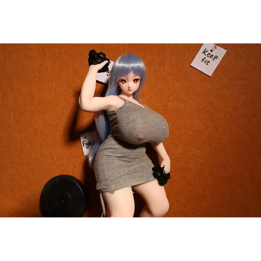 1ft 11in 58cm anime style female mini silicone sex doll with huge breasts, tanned skin and thick curvy body.