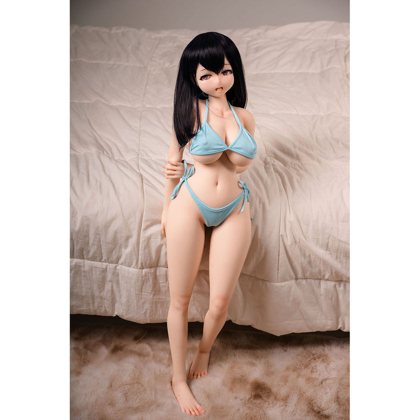 3ft 1in or 95cm tall mini Anime style silicone sex doll with large breasts, black hair and pink eyes in a blue bikini.  Made by Irokebijin.