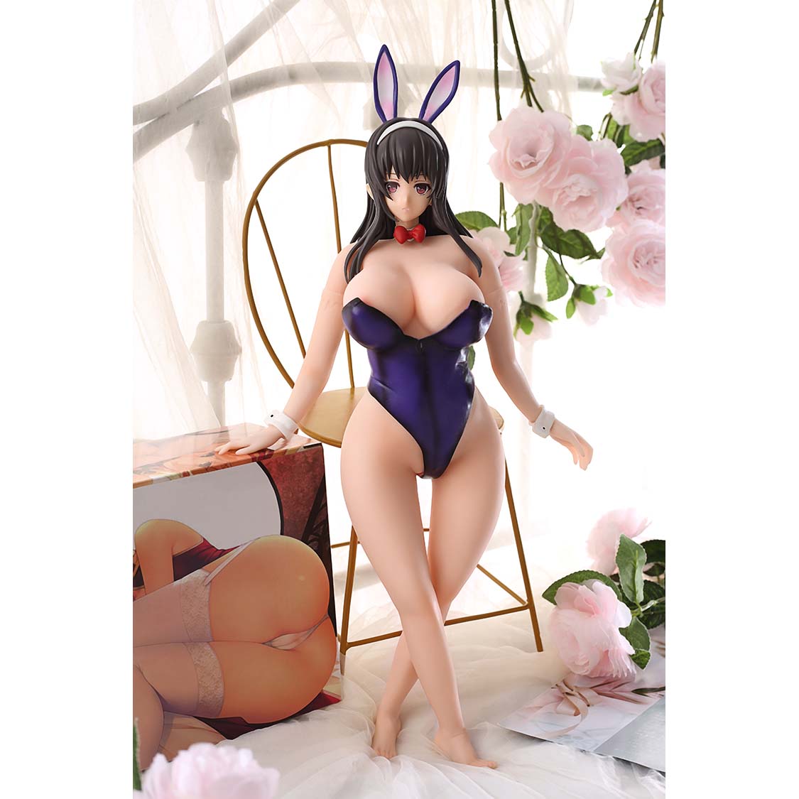 1ft 06in 45cm mini silicone anime sex doll with black hair, light skin and large breasts.