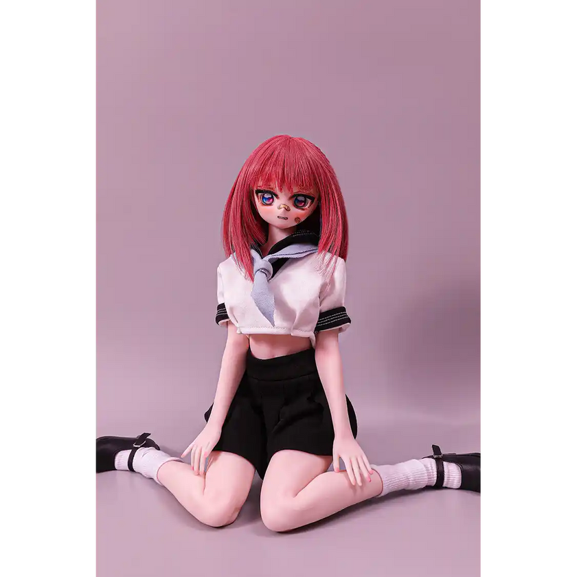 2ft 60cm anime style female mini silicone sex doll with medium breasts, fair skin and a fit athletic body in a school girl outfit.