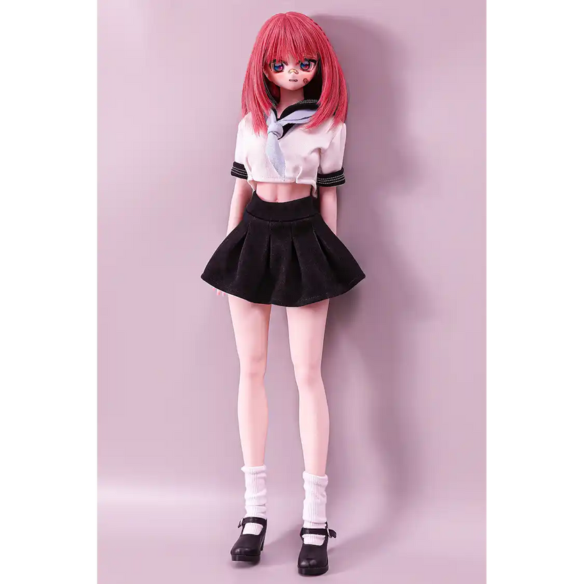 2ft 60cm anime style female mini silicone sex doll with medium breasts, fair skin and a fit athletic body in a school girl outfit.