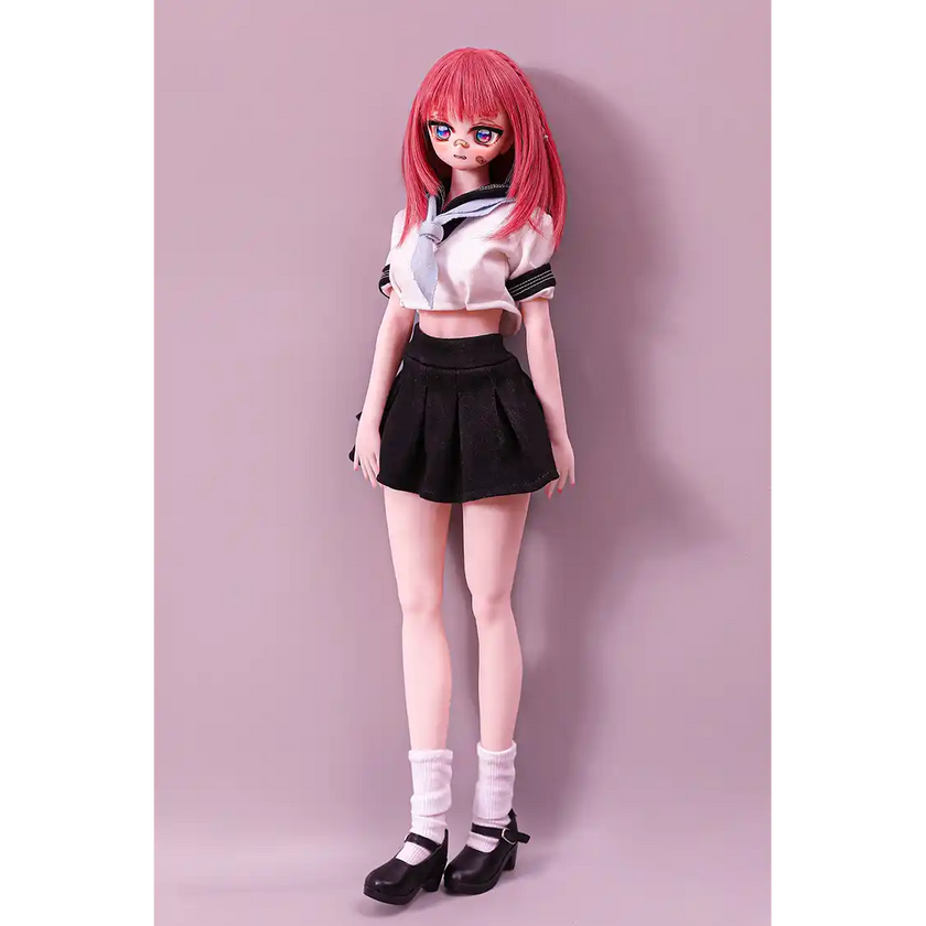 2ft 60cm anime style female mini silicone sex doll with medium breasts, fair skin and a fit athletic body in a school girl outfit.