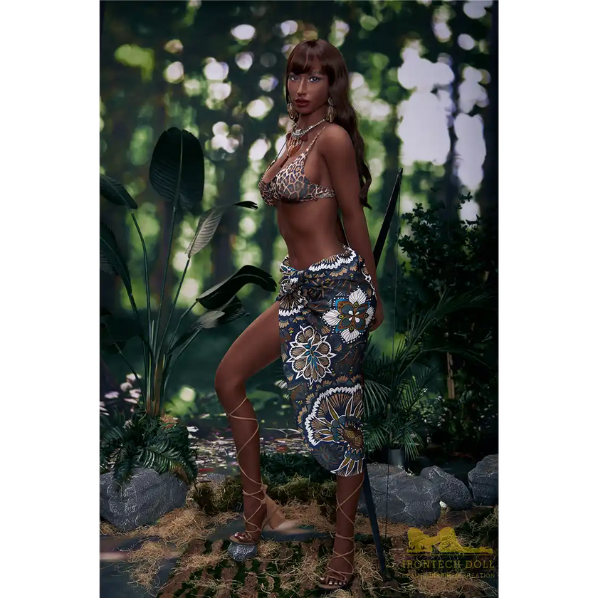 5ft 9in 175cm athletic Latina MILF TPE sex doll with long legs, long dark hair, with large breasts and brown eyes in a leopard print bikin.