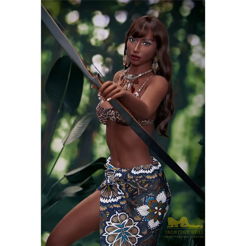 5ft 9in 175cm athletic Latina MILF TPE sex doll with long legs, long dark hair, with large breasts and brown eyes in a leopard print bikin.