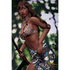5ft 9in 175cm athletic Latina MILF TPE sex doll with long legs, long dark hair, with large breasts and brown eyes in a leopard print bikin.