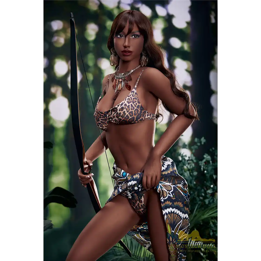 5ft 9in 175cm athletic Latina MILF TPE sex doll with long legs, long dark hair, with large breasts and brown eyes in a leopard print bikin.