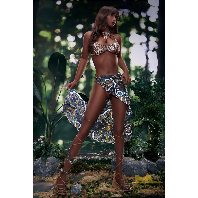 5ft 9in 175cm athletic Latina MILF TPE sex doll with long legs, long dark hair, with large breasts and brown eyes in a leopard print bikin.