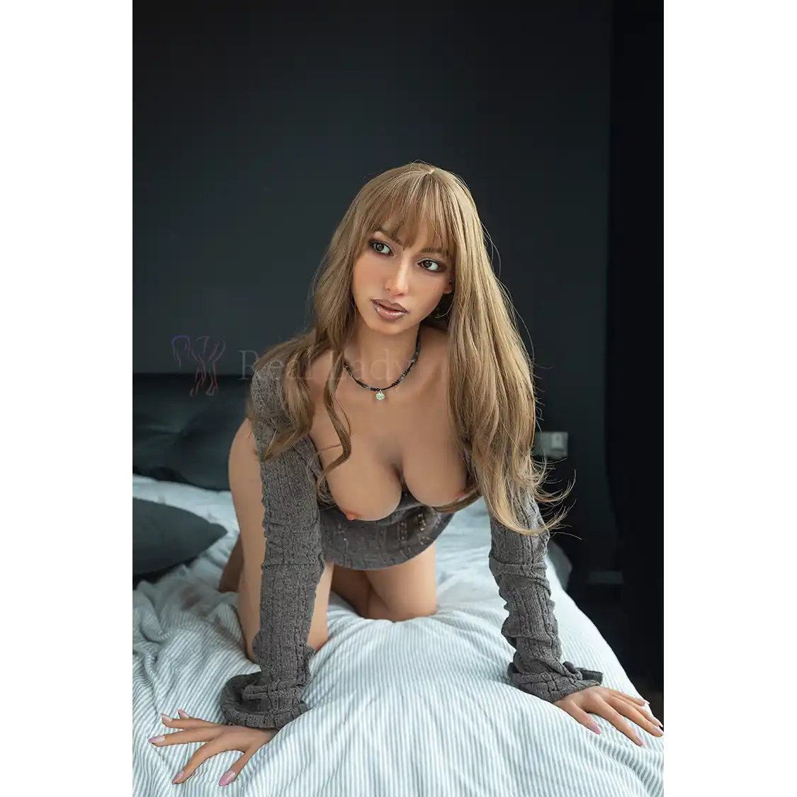 5ft 7in or 170cm athletic hyper realistic Latina silicone sex doll with long legs, long blonde hair, medium sized breasts, and brown eyes in a low cut sweater.