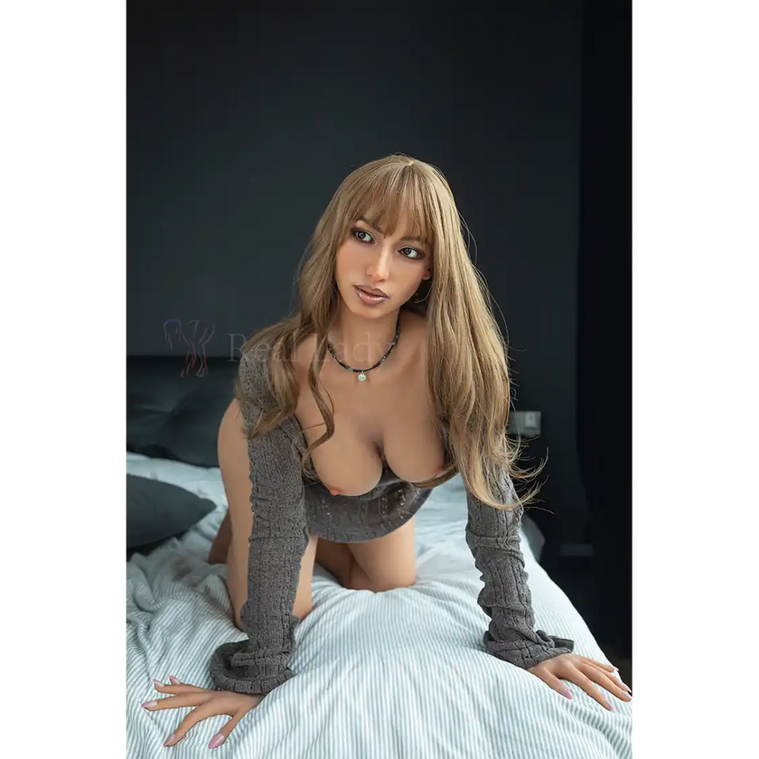 5ft 7in or 170cm athletic hyper realistic Latina silicone sex doll with long legs, long blonde hair, medium sized breasts, and brown eyes in a low cut sweater.