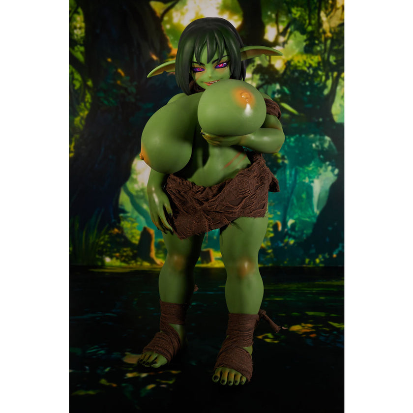 Zarga 70 cm silicone goblin-style fantasy figure with green skin and brown outfit – Climax Fantasy Collection