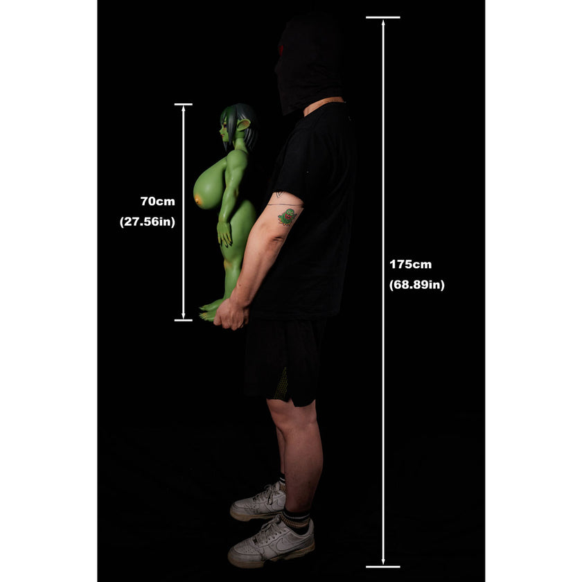 Zarga 70 cm silicone goblin-style fantasy figure with green skin and brown outfit – Climax Fantasy Collection