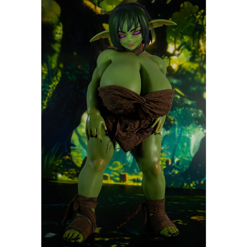 Zarga 70 cm silicone goblin-style fantasy figure with green skin and brown outfit – Climax Fantasy Collection