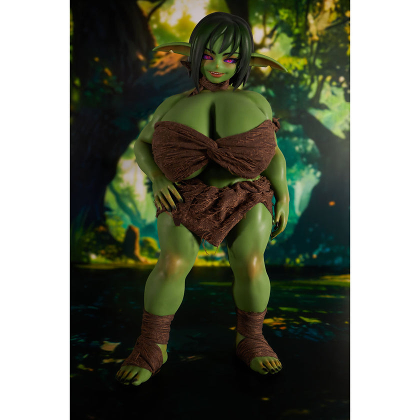 Zarga 70 cm silicone goblin-style fantasy figure with green skin and brown outfit – Climax Fantasy Collection