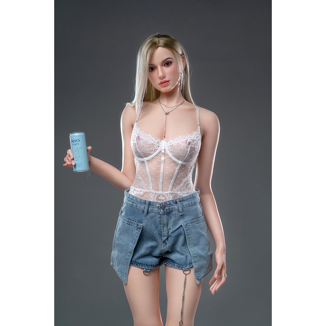 5ft 9in 175cm life size skinny female real silicone sex doll with long blonde hair and C-cup breasts with very light skin.  Made by Zelex.