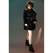 2ft 60cm mini anime sex doll Zella. Silicone body construction, giant breasts, fair skin, short dark hair and a curvy body in a  sheer top, black leather jacket and black skirt.
