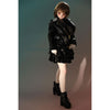 2ft 60cm mini anime sex doll Zella. Silicone body construction, giant breasts, fair skin, short dark hair and a curvy body in a  sheer top, black leather jacket and black skirt.