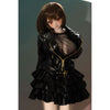 2ft 60cm mini anime sex doll Zella. Silicone body construction, giant breasts, fair skin, short dark hair and a curvy body in a  sheer top, black leather jacket and black skirt.
