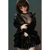 2ft 60cm mini anime sex doll Zella. Silicone body construction, giant breasts, fair skin, short dark hair and a curvy body in a  sheer top, black leather jacket and black skirt.