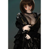2ft 60cm mini anime sex doll Zella. Silicone body construction, giant breasts, fair skin, short dark hair and a curvy body in a  sheer top, black leather jacket and black skirt.
