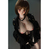 2ft 60cm mini anime sex doll Zella. Silicone body construction, giant breasts, fair skin, short dark hair and a curvy body in a  sheer top, black leather jacket and black skirt.