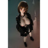 2ft 60cm mini anime sex doll Zella. Silicone body construction, giant breasts, fair skin, short dark hair and a curvy body in a  sheer top, black leather jacket and black skirt.