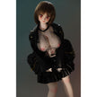 2ft 60cm mini anime sex doll Zella. Silicone body construction, giant breasts, fair skin, short dark hair and a curvy body in a  sheer top, black leather jacket and black skirt.