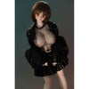2ft 60cm mini anime sex doll Zella. Silicone body construction, giant breasts, fair skin, short dark hair and a curvy body in a  sheer top, black leather jacket and black skirt.
