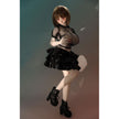 2ft 60cm mini anime sex doll Zella. Silicone body construction, giant breasts, fair skin, short dark hair and a curvy body in a  sheer top, black leather jacket and black skirt.