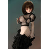 2ft 60cm mini anime sex doll Zella. Silicone body construction, giant breasts, fair skin, short dark hair and a curvy body in a  sheer top, black leather jacket and black skirt.