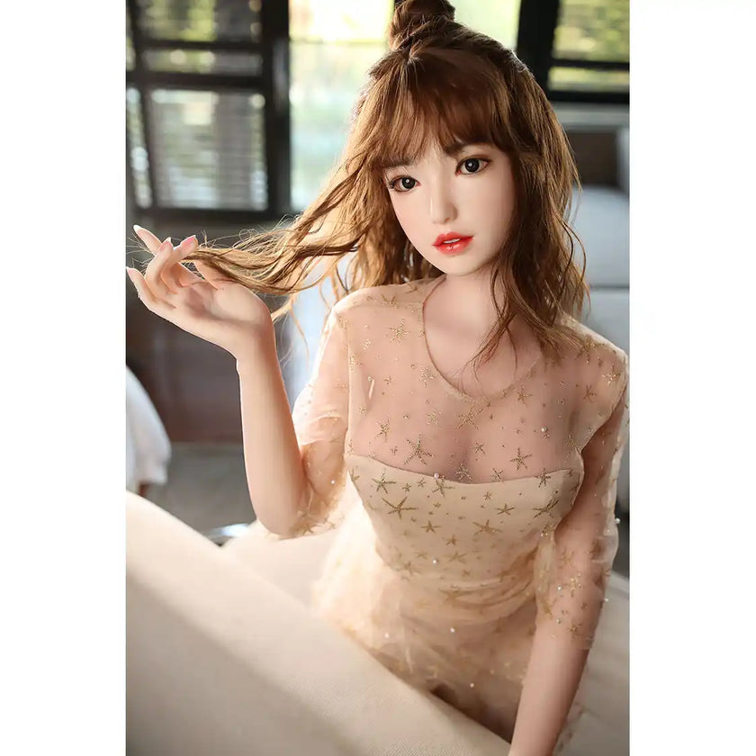 Gorgeous full size lifelike 5ft 5in or 165cm Asian female silicone sex doll with long brown hair, medium sized silicone gel filled breasts and light skin.  Made by Future Doll.