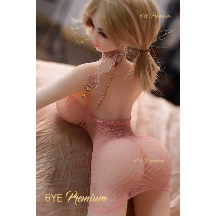 2ft 1in or 65cm big breast mini sex doll with pale skin, long legs, short blonde hair, big butt, and brown eyes in pink lingerie. Made by 6ye