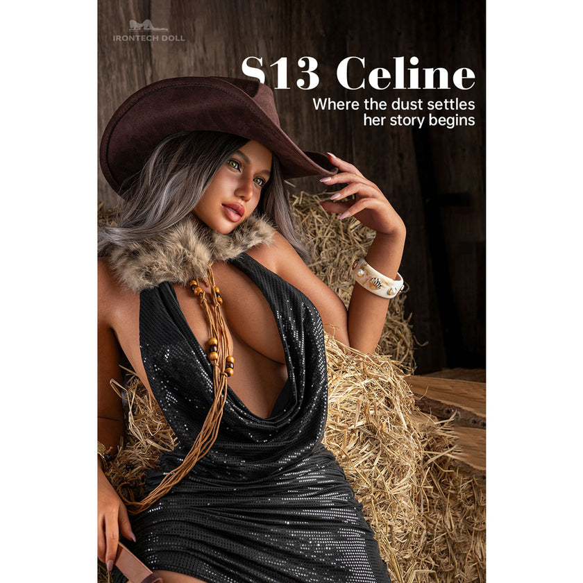 Celine, 164cm full-figured Irontech silicone sex doll with green eyes and long ash-brown hair, mock magazine cover.