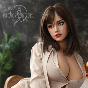 5ft 4in or 163cm tall life size hyper realistic silicone sex doll with long legs, very large breasts and medium length brown hair with brown eyes. Made by Normon Doll.