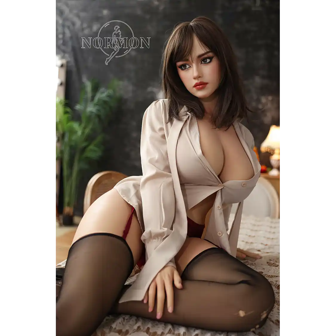 5ft 4in or 163cm tall life size hyper realistic silicone sex doll with long legs, very large breasts and medium length brown hair with brown eyes. Made by Normon Doll.