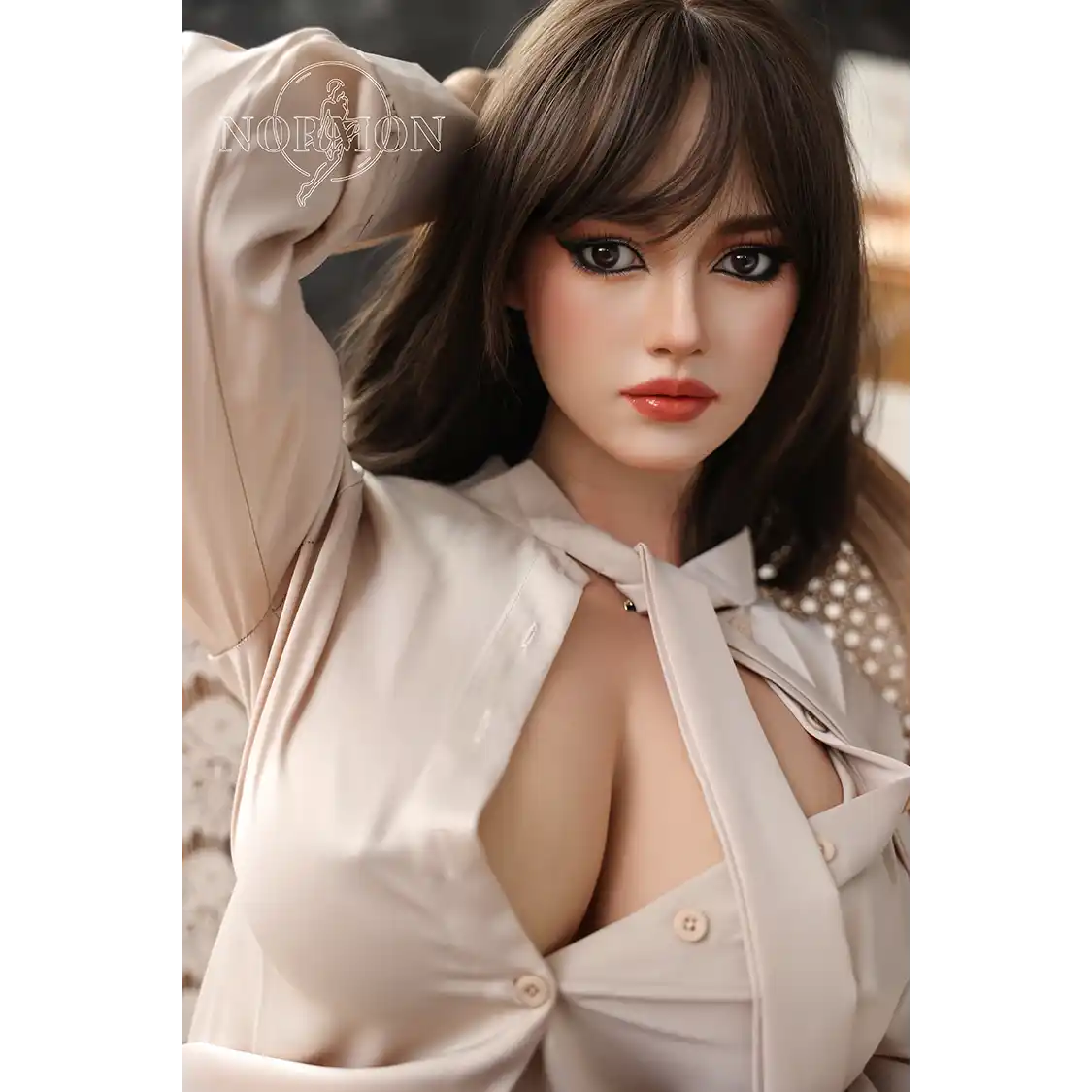 5ft 4in or 163cm tall life size hyper realistic silicone sex doll with long legs, very large breasts and medium length brown hair with brown eyes. Made by Normon Doll.