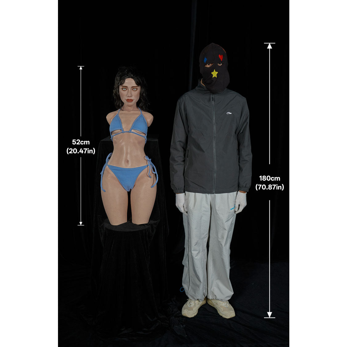 Size comparison photo of Climax Doll ULW 881 Tasha ultra lightweight silicone torso doll with realistic facial features and natural proportions