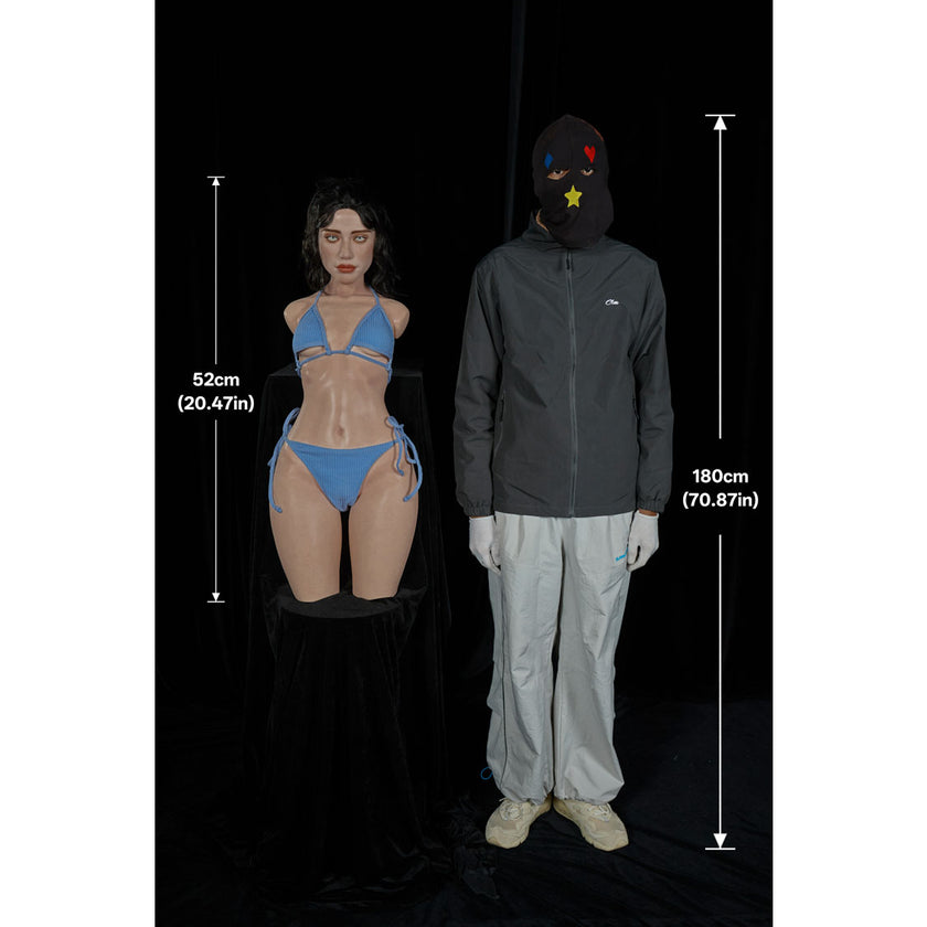 Size comparison photo of Climax Doll ULW 881 Tasha ultra lightweight silicone torso doll with realistic facial features and natural proportions