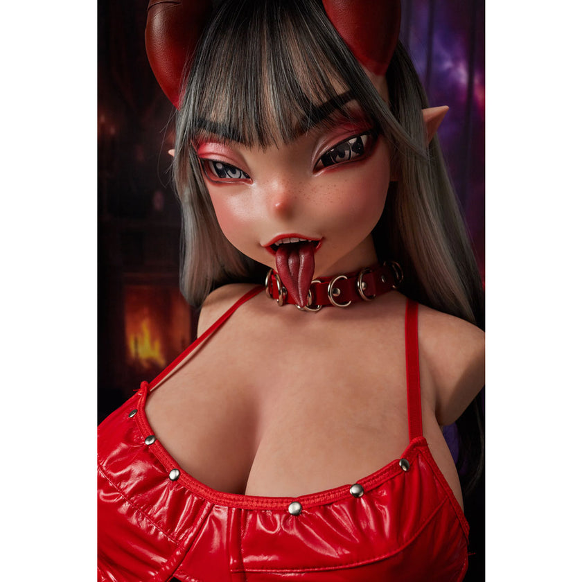 Close up head shot of Climax Doll ULW 664 Meru ultra lightweight silicone torso doll with fantasy-inspired character design