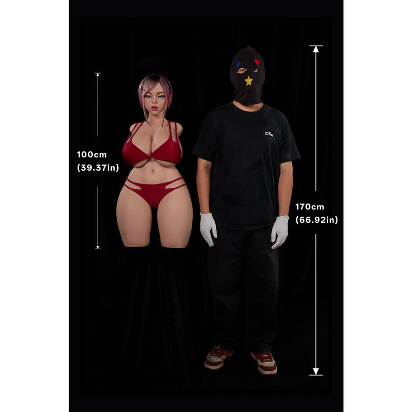 Size comparison photo of the Climax Doll ULW 884 Rhea ultra lightweight silicone torso doll featuring a curvy hourglass figure and colorful hairstyle