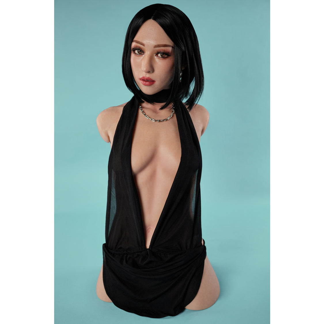 Climax Doll ULW 661 Miyoshi ultra lightweight silicone torso doll front view in black dress.