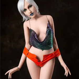 5ft 5in 165cm tall full size, slim ultra life like white female TPE Sex doll with C cup breasts, with varying wigs, blue lipstick and yellow eyes.  By OR Doll.