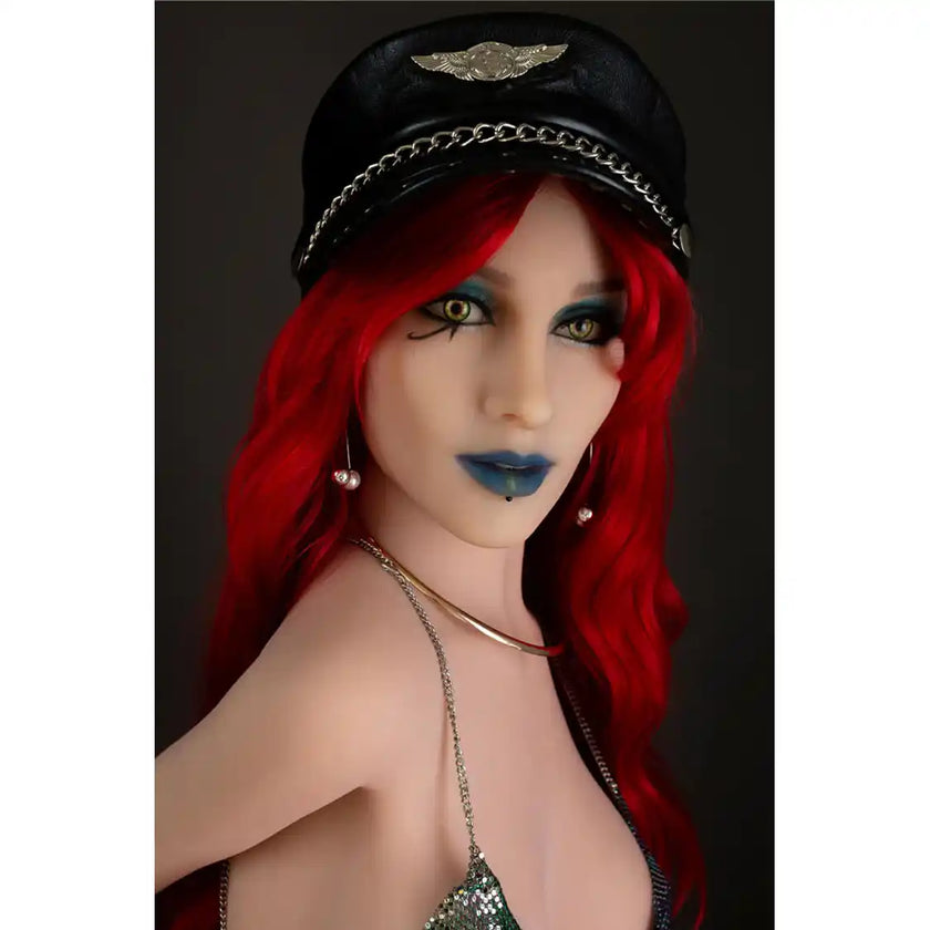 5ft 5in 165cm tall full size, slim ultra life like white female TPE Sex doll with C cup breasts, with varying wigs, blue lipstick and yellow eyes.  By OR Doll.